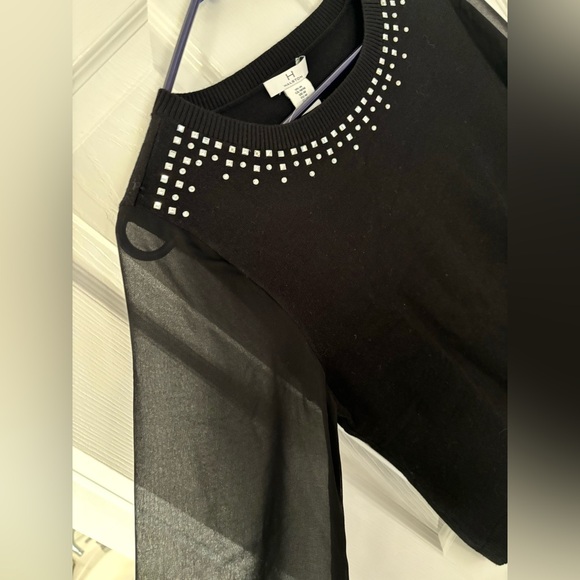 NWT Halston Black Embellished-Collar Sweater w/ Long Sheer Sleeves, Size M - Picture 5 of 7